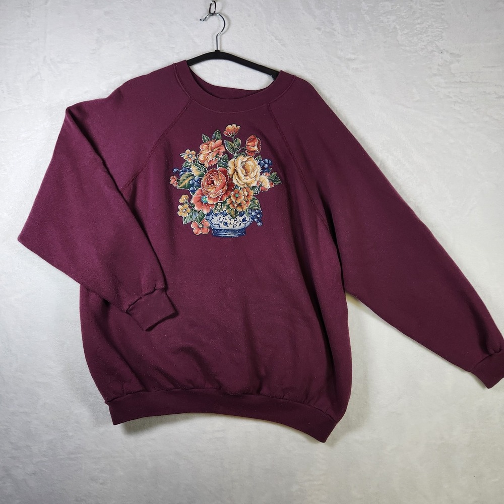 Vtg Tultex Floral Sweatshirt 1X Purple Flower Vase‎ Print USA Made Cottagecore